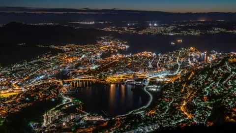 Bergen Skyline night timelapse, second largest city in Norway Stock Footage 233655235