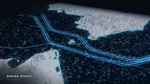 Bering Strait 3D White Terrain Relief Map With Glowing Route And Pack Ice 스톡 동영상 343396992