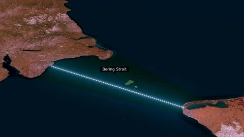 Bering Strait Satellite Map Animation Dark Ocean Between Continents Stock Photos