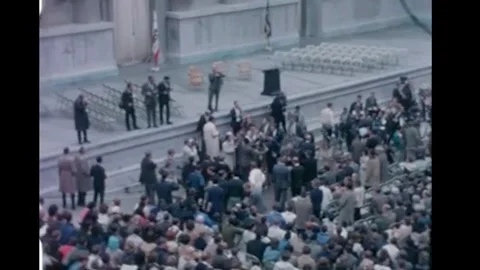 BERKELEY - 1964 - Journalists crowd to interview a student leader at the Greek Stock Footage 340651091