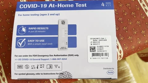 Berkeley Heights, NJ, USA - 02-15-2022: box of at home Covid-19 rapid tests Stock Footage 344814753