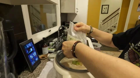 Berkeley Heights, NJ, USA - 11-18-2021 : woman adding celery into rice cooker Stock Footage 282832329