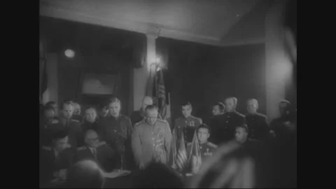 BERLIN - 1945: Occupied Berlin — Delegation Assembles Beside Flag Stockbeeldmateriaal 342856574