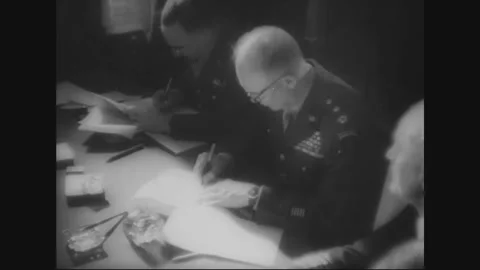 BERLIN - 1945: Occupied Berlin — Uniformed Delegate Signs Agreement Stock Footage 342856578