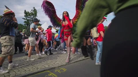 Berlin - 22.07.2023. Transgender performer blowing a kiss at equality parade. 스톡 동영상 323461753