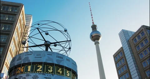 Berlin Alexanderplatz, World Time Clock and TV Tower Timelapse, Germany May 2015 Stock Footage 309919943