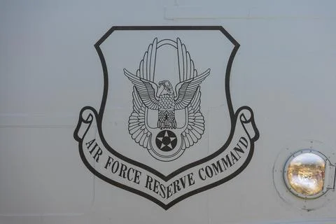 BERLIN - APRIL 27, 2018: Emblem (Air Force Reserve Command) on the fuselage o Stock Photos