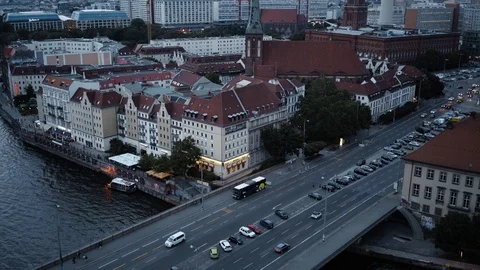 BERLIN - AUGUST 21: Real time locked down top view shot of the TV Tower. Traffic 스톡 동영상 89245576