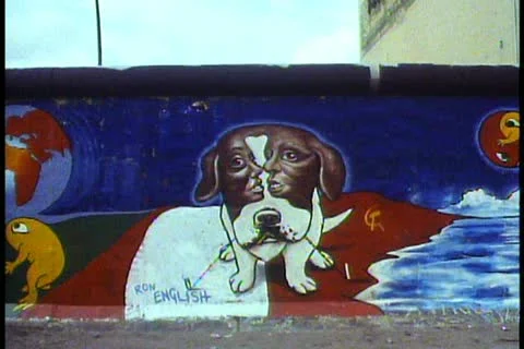 Berlin, The Berlin Wall in 1988, artwork, bulldog painting Stock Footage