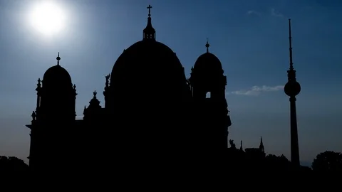 Berlin Cathedral with Alex TV Tower in Background, Time Lapse at Sunset Stock Footage 113677856