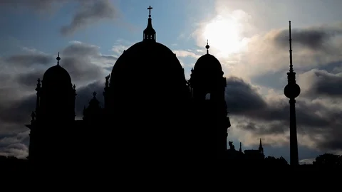 Berlin Cathedral with Alex TV Tower in Background, Time Lapse at Sunrise Stock Footage 114306027