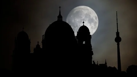 Berlin Cathedral (Berliner Dom) and TV Tower "Alex" in Background by Night Stock Footage 103502367