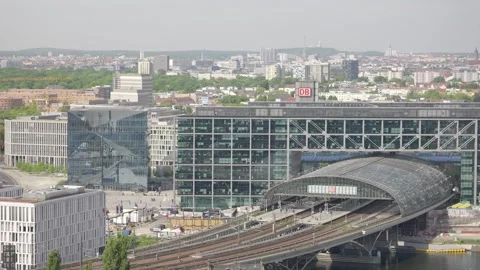 Berlin Central Station Panorama View ICE Trains S-Bahn Spree River - Aug 5 2024 Stock Footage 329332332