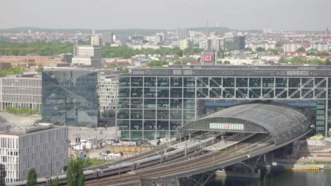 Berlin Central Station Panorama View ICE Trains S-Bahn Spree River - Aug 5 2024 Stock Footage 329332405