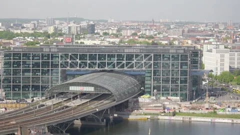 Berlin Central Station Panorama View ICE Trains S-Bahn Spree River - Aug 5 2024 Stock Footage 329332441