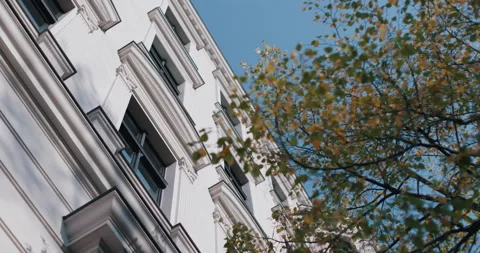 Berlin city house facade tree in foreground blue sky 4k Stock Footage 153490264