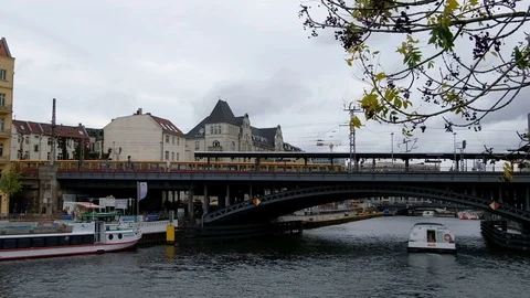 Berlin city rush mood with s-bahn metro line and touristic boats motion, germany Stock Footage 119089078