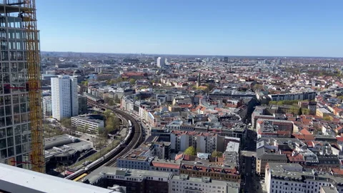 Berlin Cityscape Aerial View with Construction Site and Trains Stock Footage 332420995