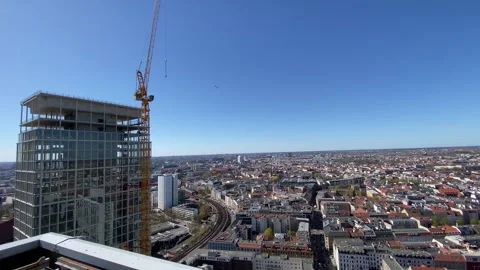 Berlin Cityscape Aerial View with Construction Site and Trains Stock Footage 332421434