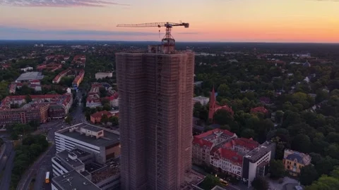Berlin cityscape Building ruin skyscraper construction at twilight. Nice aerial Stock Footage 341992662