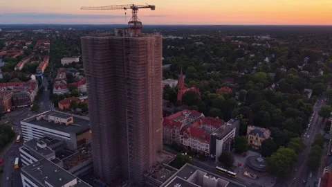 Berlin cityscape Building ruin skyscraper construction at twilight. Best aerial Stock Footage 341992671