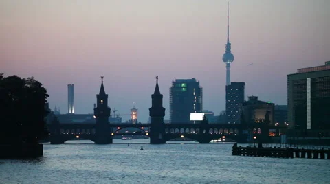 Berlin cityscape with Oberbaum bridge in the evening Stock Footage 46485479