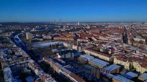 Berlin cityscape overview on a cold clear winter day. Lovely aerial view drone Video stock 329037558