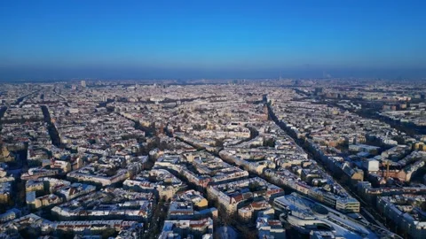 Berlin Cityscape panorama, winter snow very high up. Nice aerial view drone Stock Footage 344590746