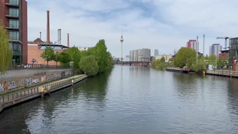 Berlin: Cityscape with Spree River as seen from Schillingbruecke bridge, 4K Stock Footage 188695285