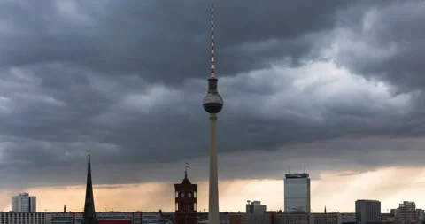 Berlin cityscape time lapse of rain and storm in 4k with TV tower Stock Footage 161977517
