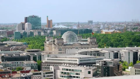 Berlin Cityscape View Reichstag Dome Bundestag Tiergarten Skyline - May 8 2024 Stock Footage 329332845