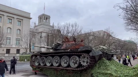 Berlin: Destroyed Russian T-72 tank opposite the Russian Embassy, 4K Stock Footage 234045165