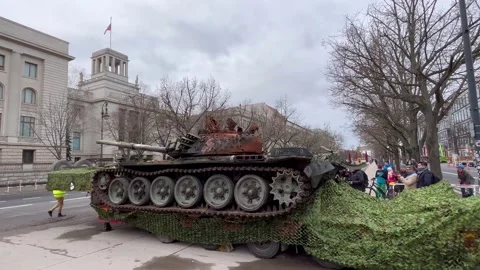 Berlin: Destroyed Russian T-72 tank opposite the Russian Embassy, 4K Stock Footage 234045184