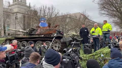 Berlin: Destroyed Russian T-72 tank opposite the Russian Embassy, 4K Stock Footage 234045459