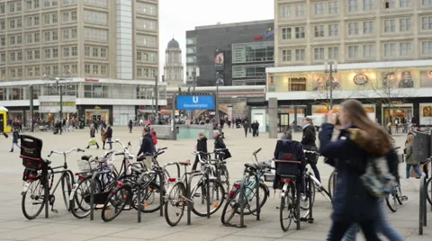 Berlin district Mitte at Alexanderplatz with people and train traffic 스톡 동영상 47239371