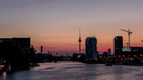 Berlin Eavening Sky timelapse with river and boat ships Stock Footage 70818126