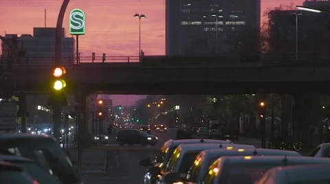 Berlin in the evening , red sky , large intersection with traffic Stock-Footage 58971095
