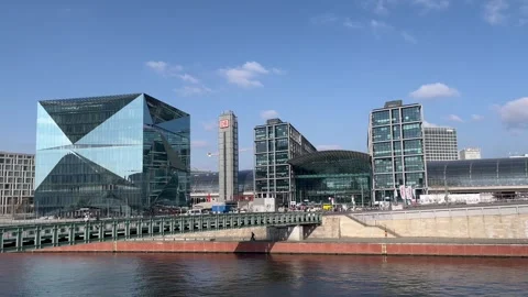 Berlin: Exterior view of Central Train Station and 3XN Cube Berlin, 4K Stock Footage 267118681