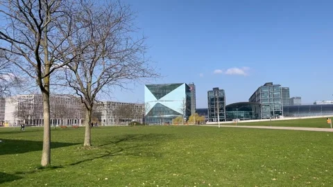 Berlin: Exterior view of Central Train Station and 3XN Cube Berlin, 4K Stock Footage 267118712