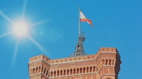 Berlin Flag Blowing on the Red City Hall, Artificial Sun is Rising Видео 58972030