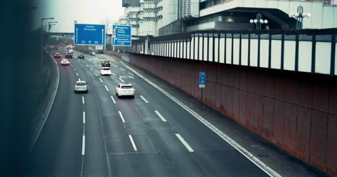 Berlin Freeway A100 Wideshot Messe Nord ICC direction Wilmersdorf Day 4K Stock Footage 310608910
