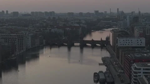 Berlin, Germany – 08/03/2025 – Approaching aerial to Oberbaum Bridge Stock Footage 314780778