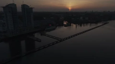 Berlin, Germany – 08/03/2025 – Top-down aerial of Spree riverside highrise Stock Footage 314764393