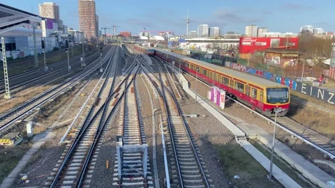 BERLIN; GERMANY 1/29/2022 train tracks by Warschauer strasse Station in Berlin Video stock 169337737