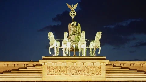 Berlin, Germany -15.08.2025: Quadriga statue on Brandenburg Gate with Stock Footage 318002437