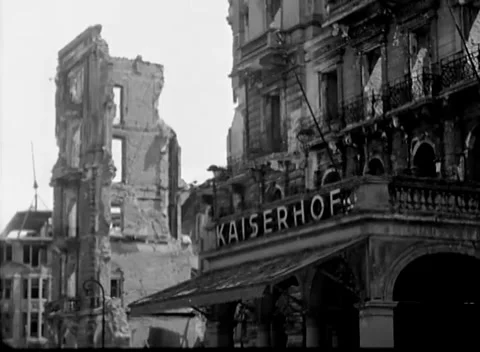 BERLIN, GERMANY - 1945: Bomb Damage - Damaged Kaiserhof Beside a Shell Video stock 343942230