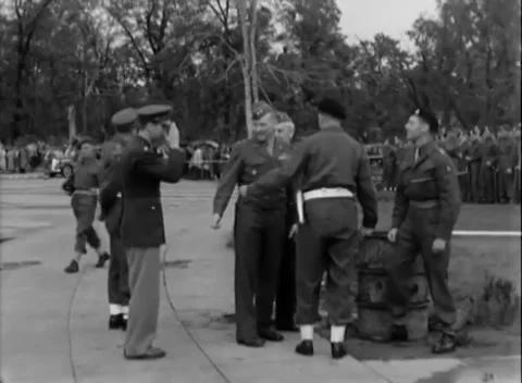BERLIN, GERMANY - 1945: Parade gathering - Allied officers cross plaza Stock Footage 344495736