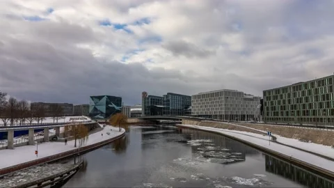 Berlin, Germany 2021-Berlin Haputbahnhof (Main Station) and River Spree With Ice Video stock 149948876