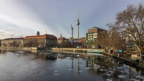 Berlin, Germany 2021- Winter Time Lapse of floating ice on river Spree and tv Stock-Footage 150268705