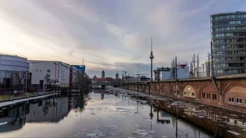 Berlin, Germany 2021- Winter Time Lapse of floating ice on river Spree and tv Video stock 150268722